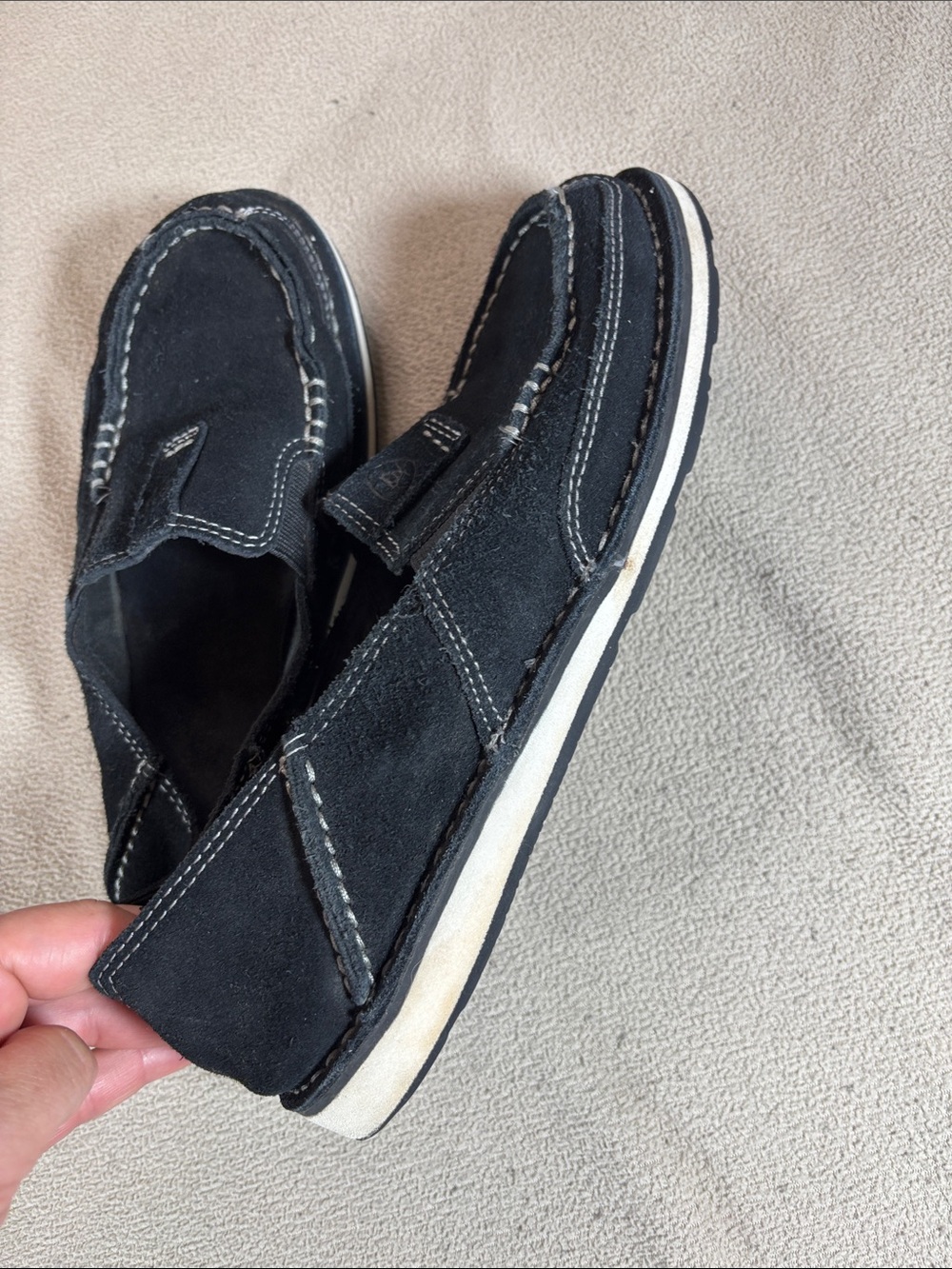 Ariat Black Suede Slip-On Loafers with White Trim - Picture 3 of 6